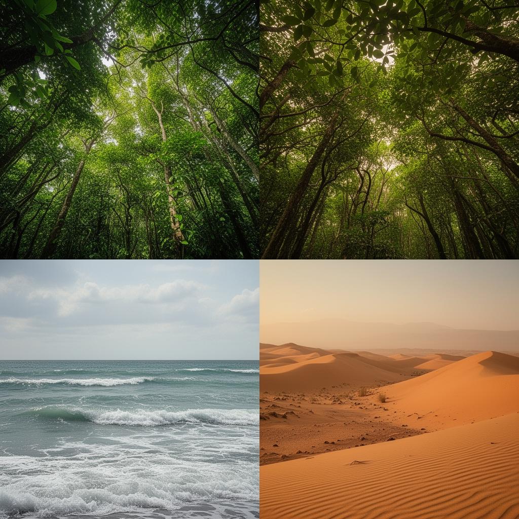 Forests, oceans and deserts in a triptych mosaic