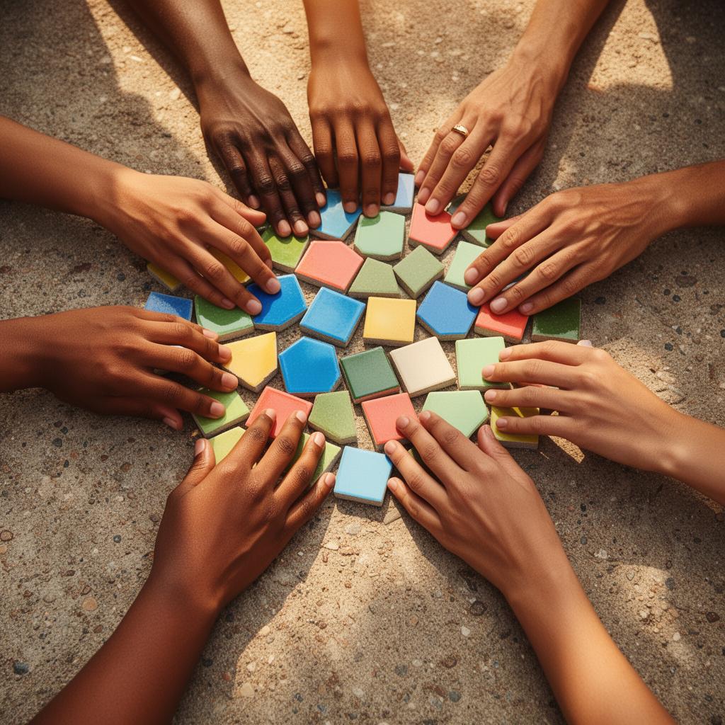Hands of diverse people placing mosaic tiles together